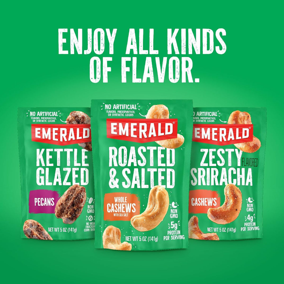 Emerald Nuts Roasted and Salted Cashews 7ct (1-Pack), 100-Calorie Individual Packs, Plant-Based Protein, Kosher Certified, Non-GMO, Contains No Artificial Preservatives, Flavors or Synthetic Colors