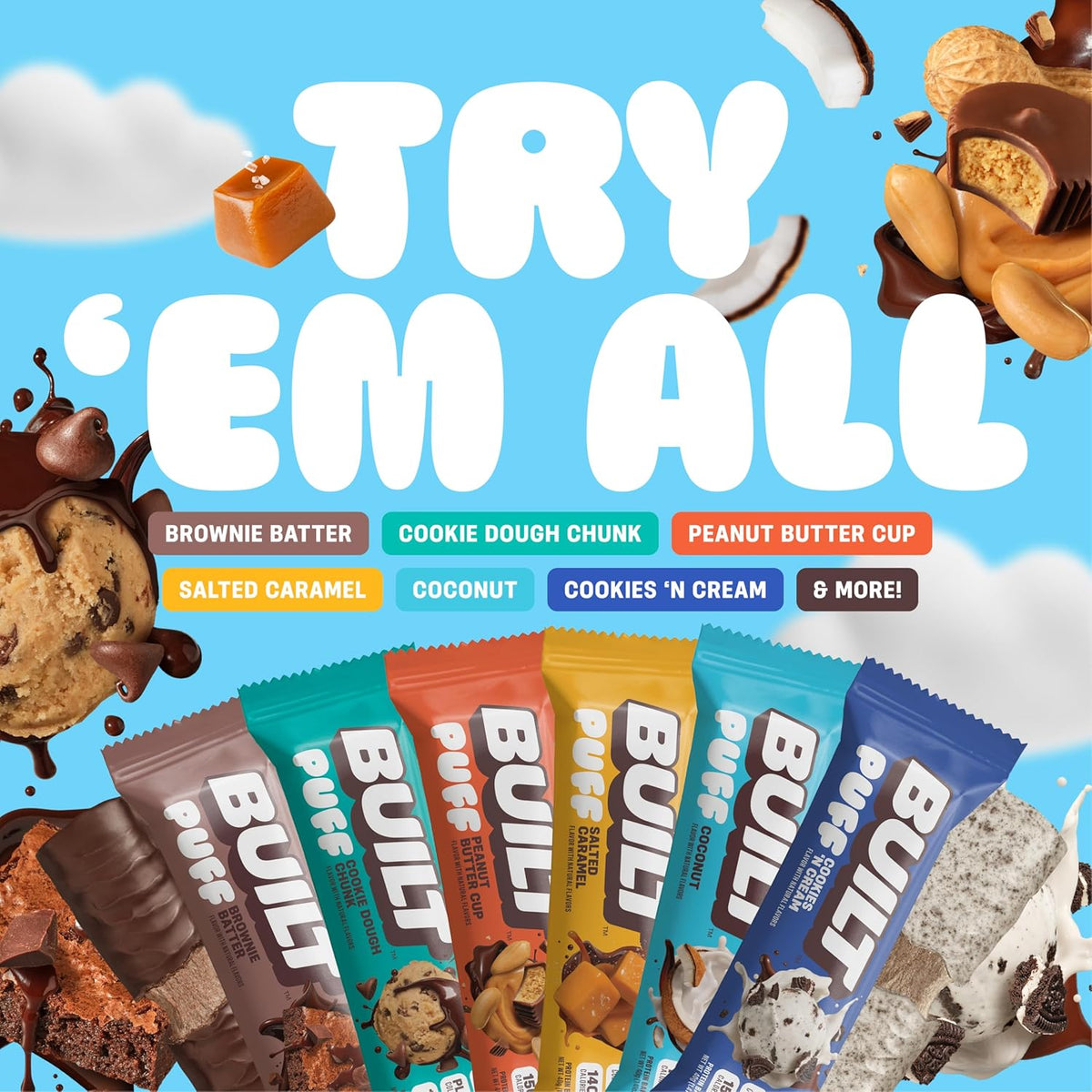 built bar coconut puff protein bars, 17g protein, 140 calories, 6g sugar, collagen, gluten free, 12 count