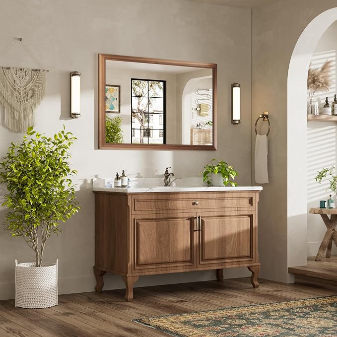 48x32 Inch Bathroom Mirror for Wall, Anti-Rust Walnut Wood Grain Metal Framed