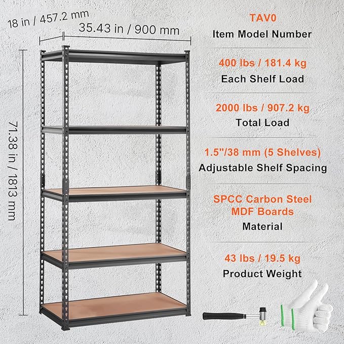 5-Tier Adjustable Metal Shelving Unit, 36 x 18 x 72 in – Black