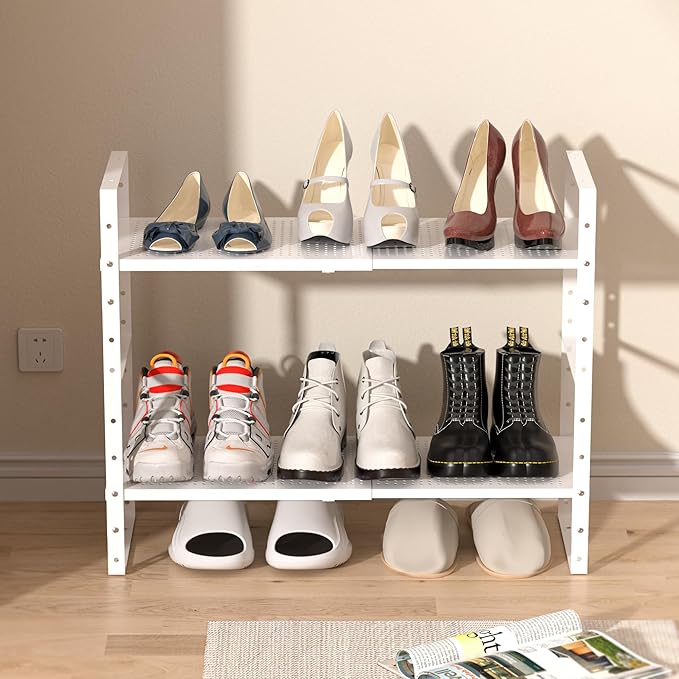 Multi-Functional Metal Shoe Rack,Expandable Adjustable Stackable Kitchen Organizer,Metal Shelf risers for cabinets, Kitchens and Closet, Bathroom2Packs/White/Medium