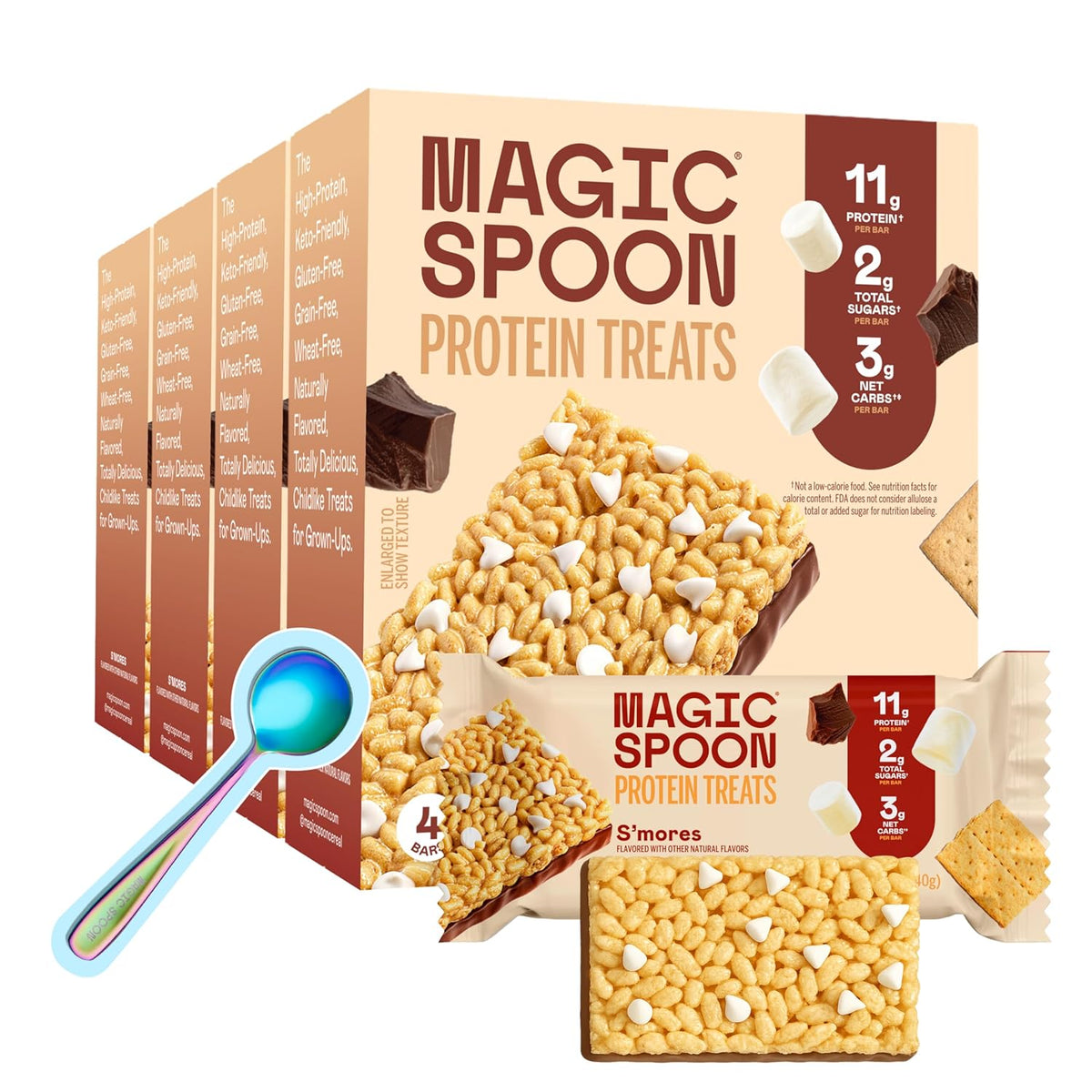 Magic Spoon Treats - 8 High Protein Bars: 2 Marshmallow, 2 Chocolate Peanut Butter, 2 Blueberry Muffin, 2 Double Chocolate - High Protein Gluten Free Snack - Sugar Free Protein Cereal Bar