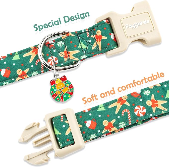 Faygarsle Christmas Dog Collar, Green Gingerbread Pattern, Plastic Buckle with Metal D-Ring, Holiday Pet Accessory, for Small Medium Large Dogs L