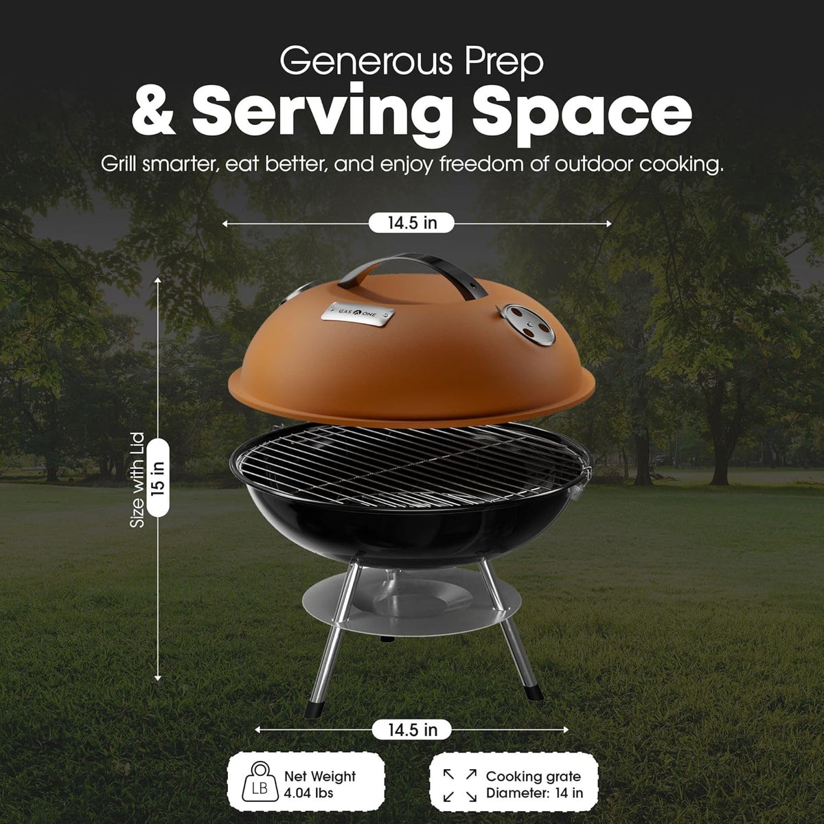 GasOne CG-14T – 14-inch Portable Barbecue Grill with 3-Point Locking Lid for Heat Preservation – Dual Venting System – Small Charcoal Grill for Backyard, Camping, Boat