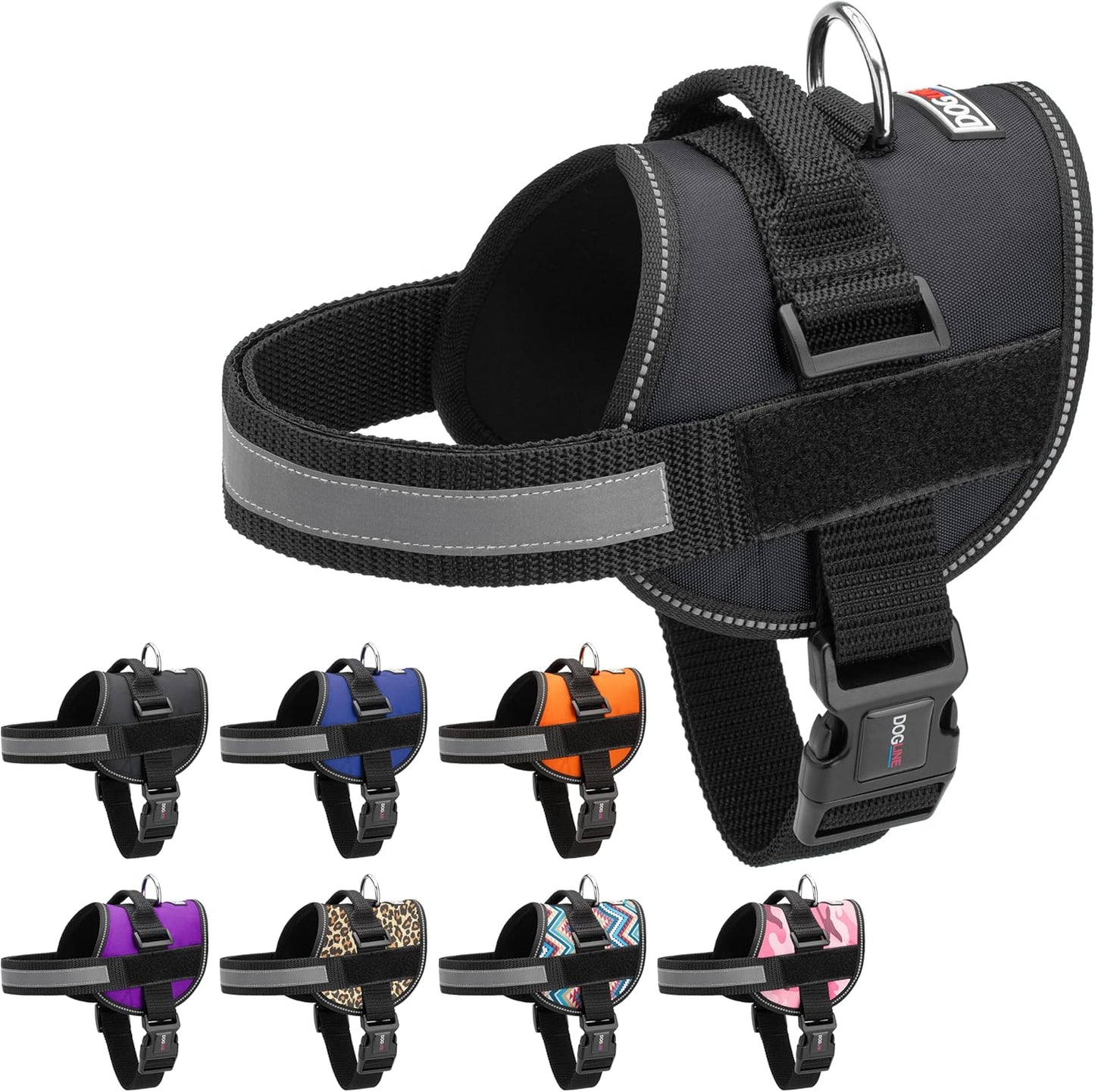 Dogline Dog Harness, Reflective No-Pull Adjustable Vest with Handle for Walking, Training, Breathable, No - Choke Harness for Small, Medium or Large Dogs Room for Patches Girth 27 to 34 in Black