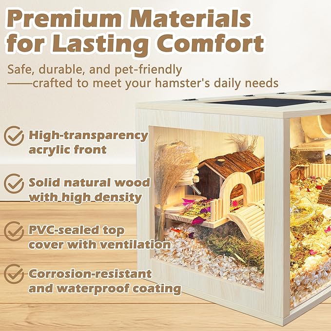 Prolee Hamster Cage Chew Proof Wood, Hamsters Enclosure Openable Top with Curved Design,Waterproof Small Animals Cage with Acrylic Sheets for Gerbils,Hamster Habitat(24 Inches)