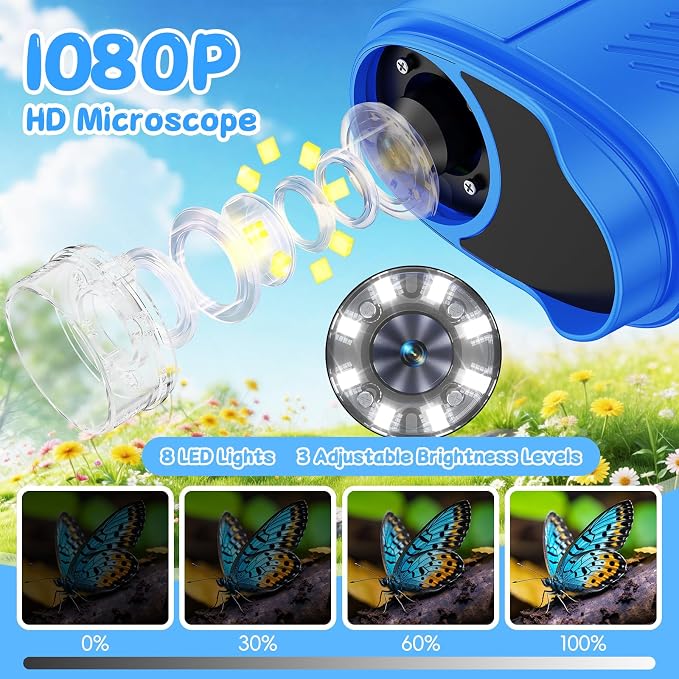 SEEKID Kids Microscope,1000X Handheld Digital Microscope (Blue) | 2.4" IPS Screen | Rechargeable Handheld | 8 LED Lights | STEM Toy for Exploring Science | Ages 5–12
