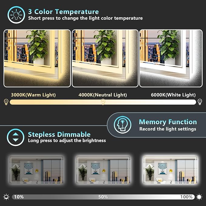 72x36 LED Bathroom Mirror with Lights, Backlit and Front Lit Anti-Fog Lighted