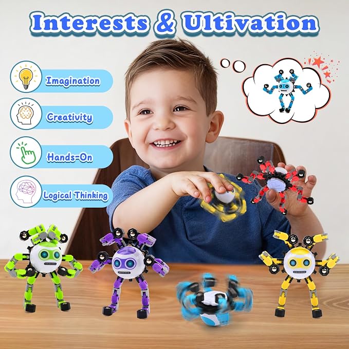 4 PCS Travel Toys Transformable Fidget Spinners Toys for Kids and Adults Sensory Toy for Boys Teens Stress Relief Autism ADHD Cool Road Trip Travel Essential Birthdays Gifts for Party Favors