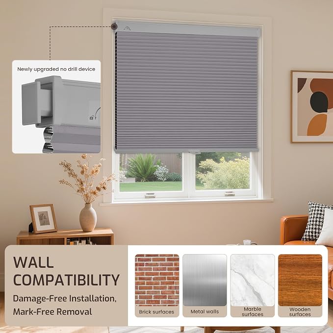 Grandekor No Drill No Tools Cordless Cellular Shades, 26.5" W x 64" H, UV