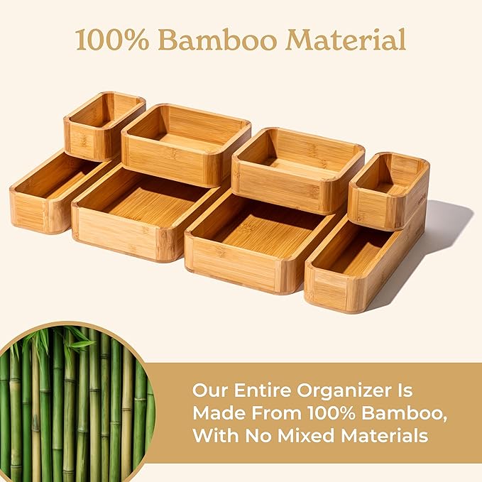 SMIRLY 8-Piece Bamboo Kitchen Drawer Organizer Set for Large and Small Utensils, Multi-use Storage Box - Bathroom, Nightstand, Jewelry, Cutlery, Knife, Spice, Towel, Junk Drawer Tray