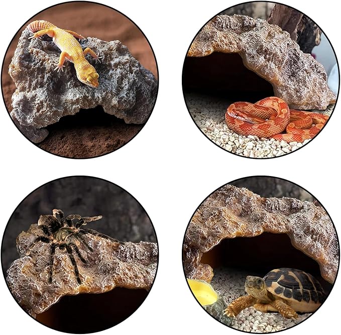 Reptile Hide Cave,Resin Rock for Reptile and Amphibians,Terrarium & Aquarium Habitat Hideout for Bearded Dragons,Lizards,Snakes,Turtles,Geckos,Ball Pythons (Brown, Medium)