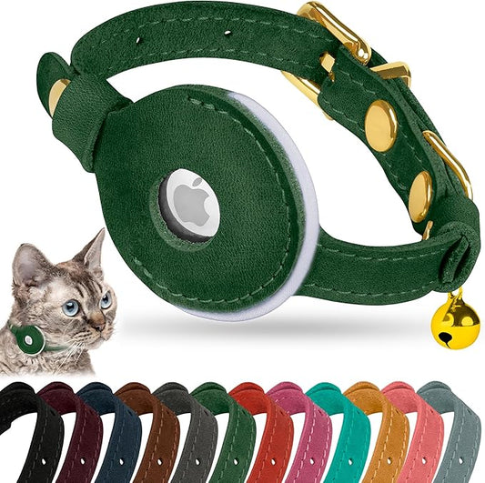 OOPSDOGGY Reflective Leather AirTag Cat Collar with Bell - Non Breakaway Adjustable Pet Collar with Apple Air Tag Holder - Lightweight GPS Kitten Collars for Small Dogs Puppy Girl Boy (Green)