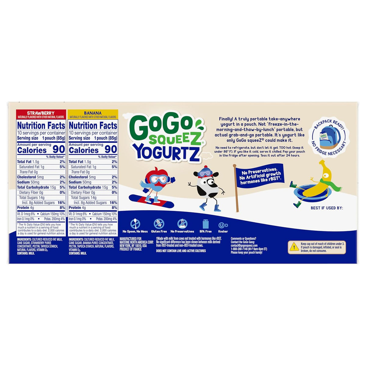 gogo squeeZ yogurtZ variety pack, strawberry & banana, 3oz, pack of 20, kids snacks, gluten free, nut free, recloseable cap, bpa free pouches