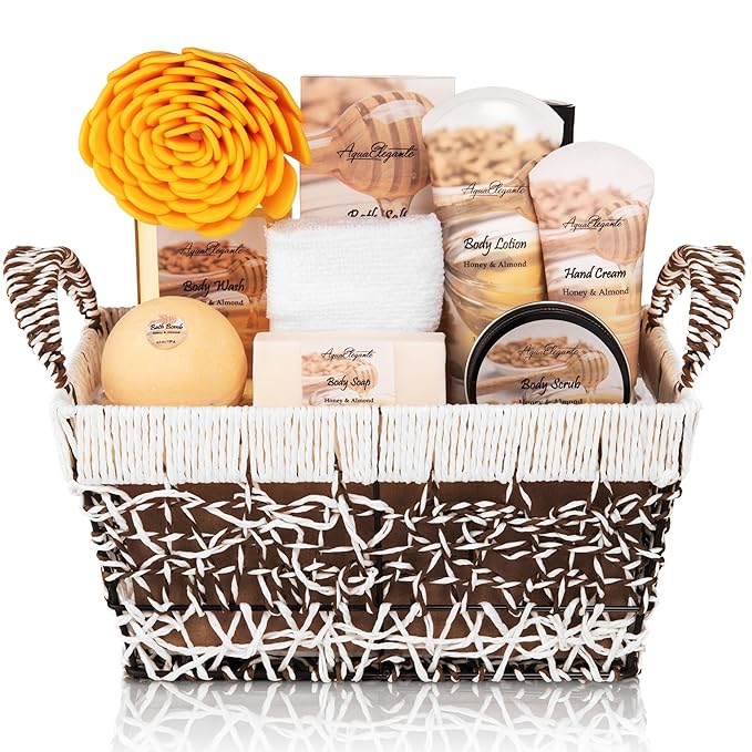 Spa Baskets For Women - Luxury Bath Set With Honey & Almond - Spa Kit Includes Wash, Bubble Bath, Lotion, Bath Salts, Body Scrub, Hand Cream, Shower Puff, Bathbombs, Soap and Towel