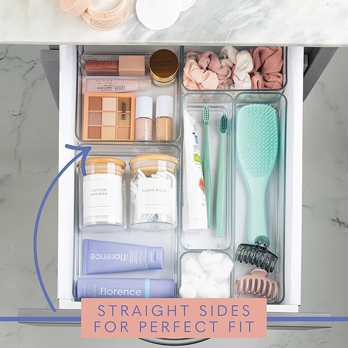 primebox Plastic Clear Drawer Organizers. Bathroom, Kitchen, Bedroom, Gadgets, Office Organizer Bins, Storage Trays. Heavy Duty, Stackable. 12" x 3" x 2" Set of 6