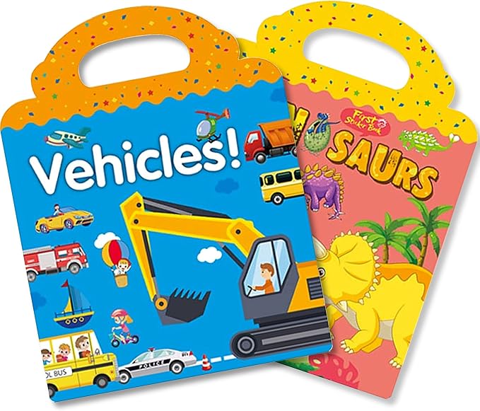 RUSON Reusable Sticker Book for Kids, 2 Sets Educational Learning Toys Travel Stickers Activity Books for Toddler Girls Boys Age 3+ Birthday Gifts - Vehicle & Dinosaur