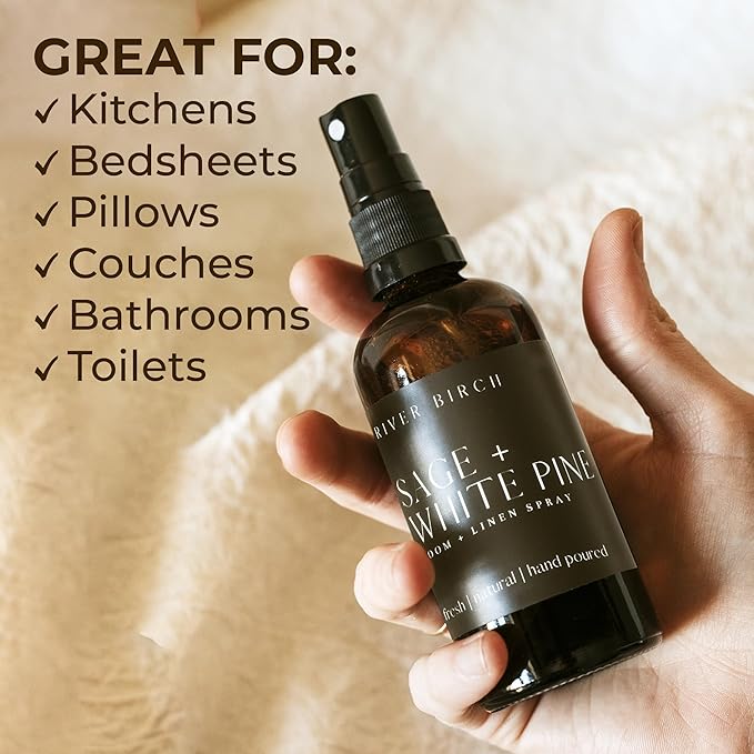 River Birch Luxury Linen and Room Spray - Sage + White Pine Home Signature Scent - Room Fragrance Spray - Fragrant Fresh Linen Air Freshener For Bedding - Handmade in Texas - 4 oz Glass Amber Bottle