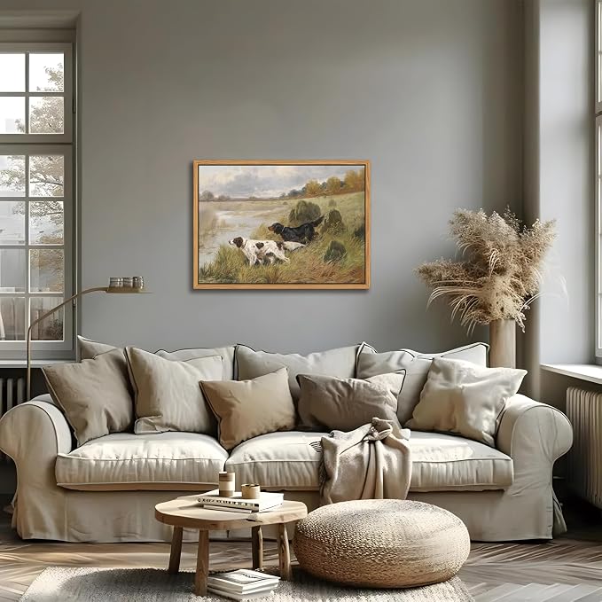 Floating Framed Vintage Hunting Dog Wall Art, Classic Countryside Landscape