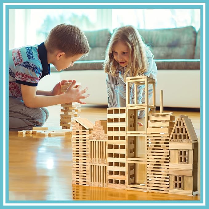 Wooden Building Blocks Set - 200-Piece Plank Block Construction Toys, STEM Educational Wood Toy for Kids and Toddlers