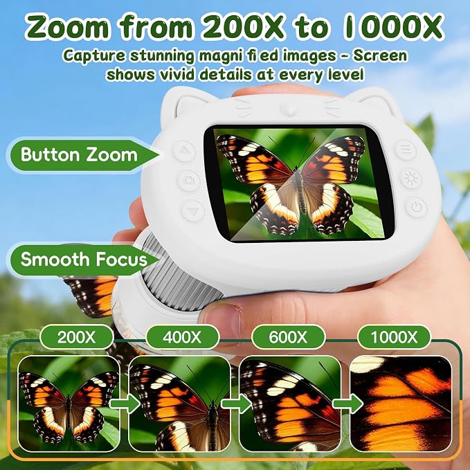 SEEKID Kids Microscope,1000X Handheld Digital Microscope (White) | 2.4" IPS Screen | Rechargeable Handheld | 8 LED Lights | STEM Toy for Exploring Science | Ages 5–12