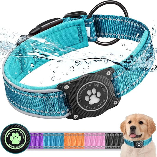 Airtag Dog Collar with Waterproof Air Tag Holder, Luminous Reflective, Soft Padded, Adjustable Nylon Pet Collar for Small Medium Large Heavy Duty Dogs,Blue, M