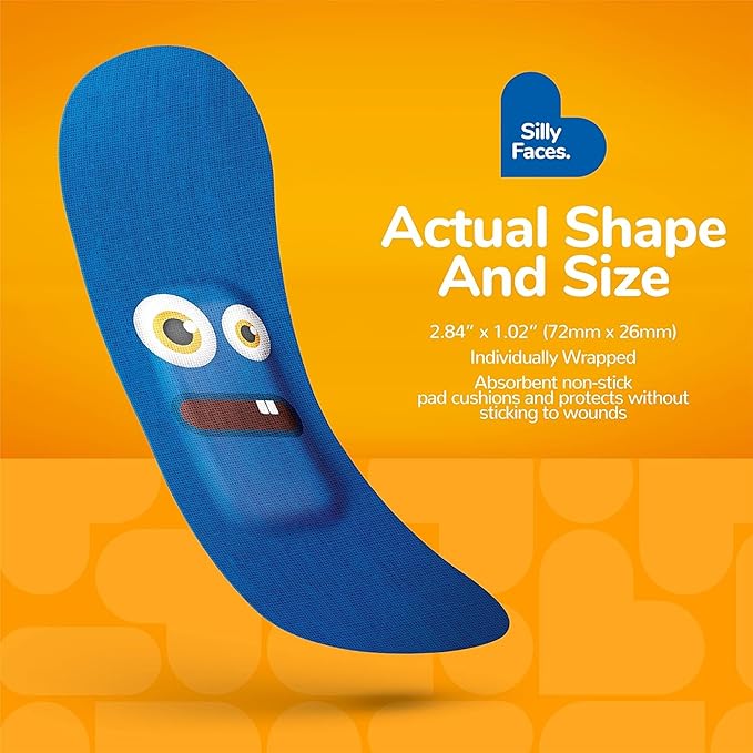 BioSwiss Bandages, Silly Faces Shaped Self Adhesive Bandage, Latex Free Sterile Wound Care, Fun First Aid Kit Supplies for Kids, 50 Count