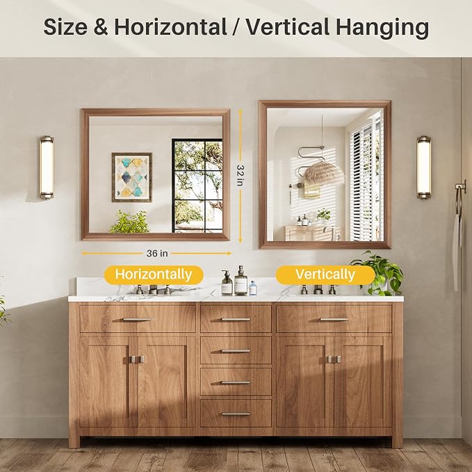 36x32 Inch Bathroom Mirror for Wall, Anti-Rust Walnut Wood Grain Metal Framed