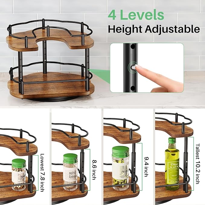 Spice Rack Organization for Cabinet - Height Adjustable Rotating Lazy Susan Organizer, Spice Organizer Fits Cabinets Wide＞ 11 inches, Clearance Height ＞10.5 inches