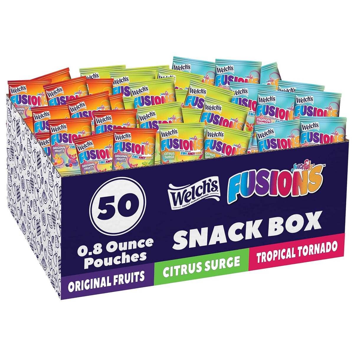 Welch's Fruit Snacks, Juicefuls Fusions, Three Unique Flavor Snack Packs, Citrus Surge, Tropical Tornado, Original Fruits, Gluten Free, No Artificial Dyes & Flavors, 0.8oz (Pack of 50)