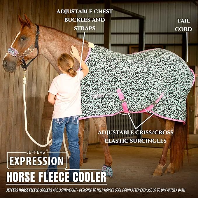 Jeffers Expression Fleece Cooler for Horses, Standard Neck, Party Cheetah 69"- Equine Towel Blanket, Moisture Absorbent, Light Weight, Best for Drying, Exercise, Bathing, Adjustable Belly Bands