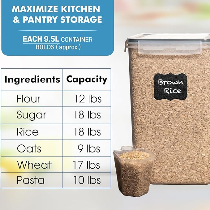 Shazo 2 PC (9.5L | 321 Oz) Extra Large Bulk Food Storage Containers with Airtight Lids for Flour, Sugar, Rice, Cereal & Pasta - Leakproof, BPA-Free Plastic Canisters for Kitchen & Pantry Organization