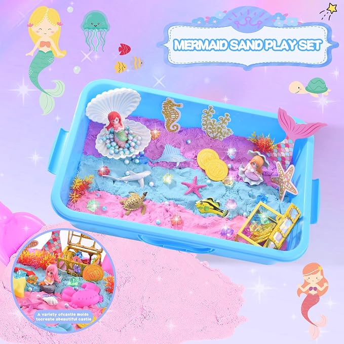 Volmop Sensory Bin for Girl, Play Sand Art Kit with Sandbox, 3.3lb Color Sand, Mermaid Tactile Sensory, Christmas Birthday Gift for Girl Toddler Ages 3-8
