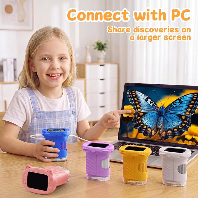 SEEKID Kids Microscope,1000X Handheld Digital Microscope (Yellow) | 2.4" IPS Screen | Rechargeable Handheld | 8 LED Lights | STEM Toy for Exploring Science | Ages 5–12