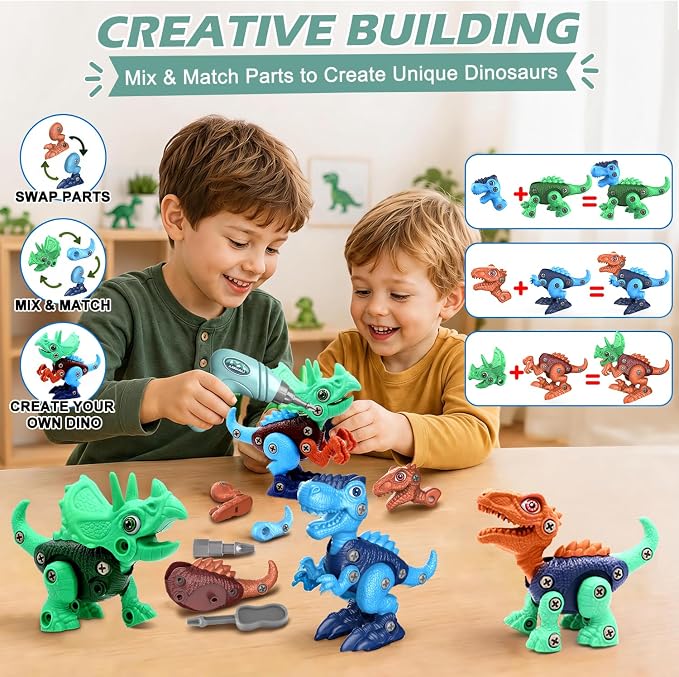 Take-Apart Dinosaur Toys for Boy 4-6: 85 Piece 3 Pack Dino & Electric Drill | Easy-to-Use Construction Building Set for Little Hands - STEM Educational Toy & Gifts for Kids Birthday Christmas