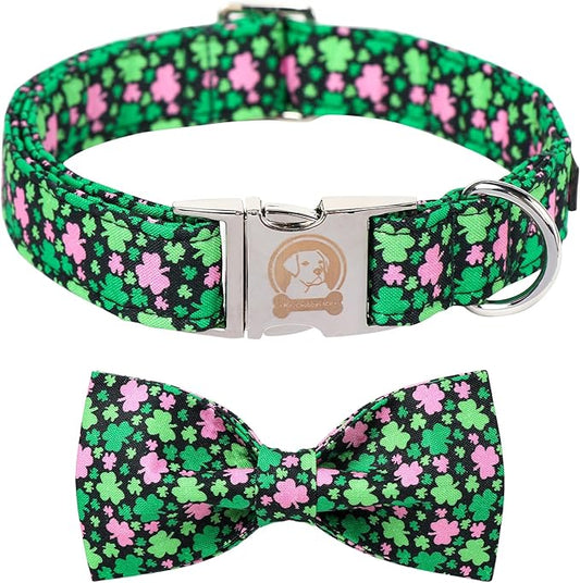 MR. CHUBBYFACE St.Patrick's Pink Green Clover Dog Collar with Bowtie, Cute Clovers Shamrock Metal Buckle Dog Collar, Adjustable Shamrock Pet Collar with for Small Medium Large Dogs