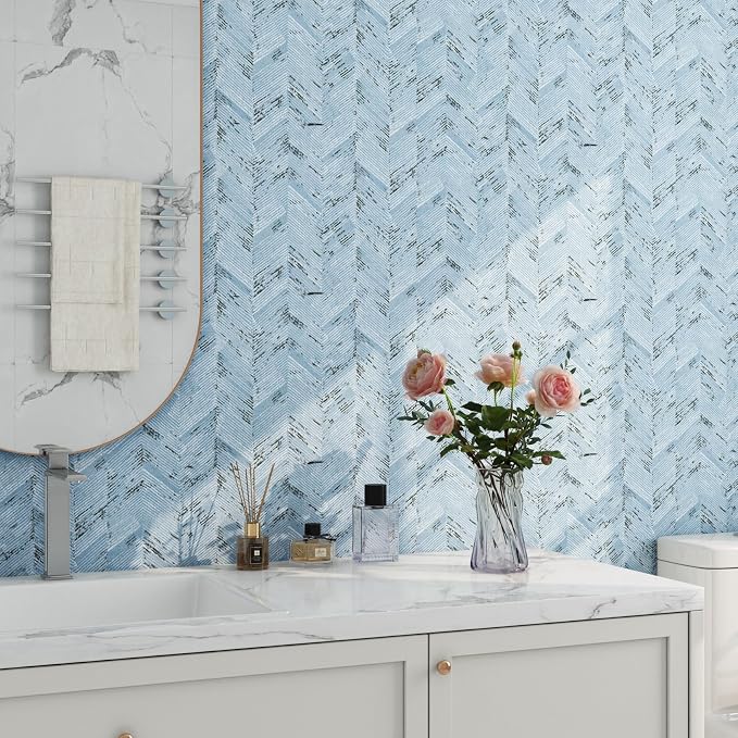 Livelynine Blue Fabric Wallpaper Peel and Stick Prepasted Herringbone Faux
