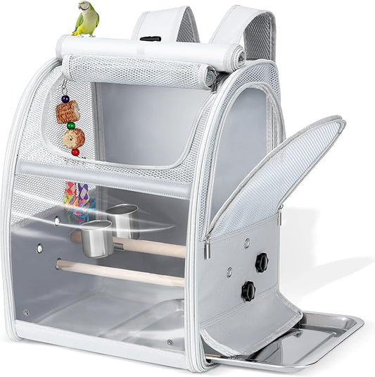 Sanmoncare Bird Carrier Backpack with 2 Adjustable Perches, Water-Repellent Parrot Travel Cage with Stainless Steel Tray, Breathable Pet Carrier for Cockatiels, Conures and Vet Visits
