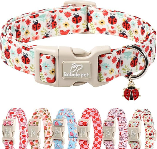 Ladybug Dog Collar for Medium Dogs - Cute Spring/Summer Dog Collar, Lightweight Adjustable Cartoon Love Bug Garden Mom Dogs Collars with Quick Release Buckle M