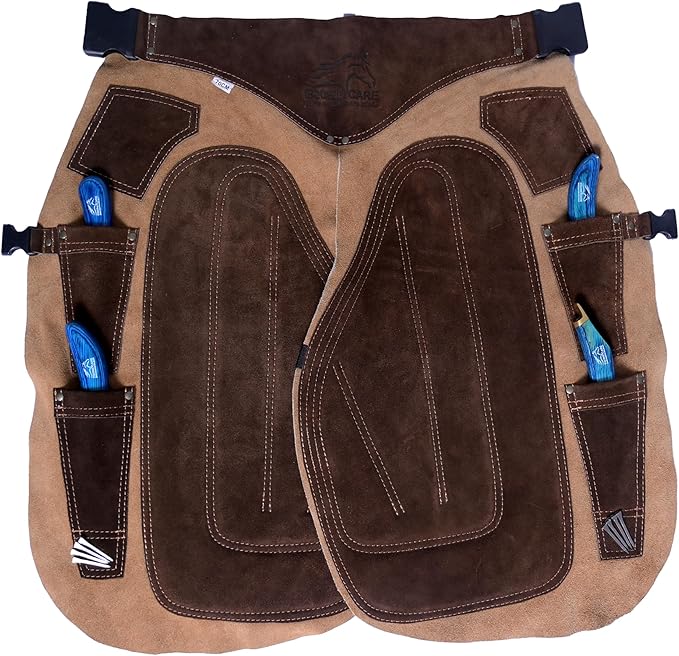 Equine Care Farrier Apron Chaps – Cowhide Suede Leather, Foam Padded Thigh and Back Support, Adjustable Waist, Tool Pockets, Magnetic Nail Holders (29 inches (70 cm))