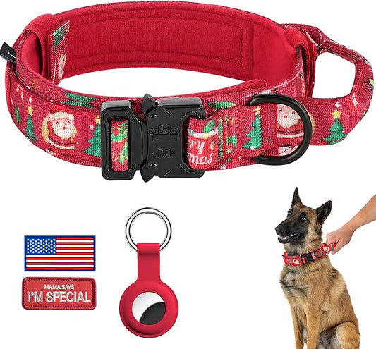 DAGANXI Christmas Tactical Dog Collar, Adjustable Military Training Nylon Dog Collar with Control Handle and Metal Buckle for Medium and Large Dogs, with Patches and Airtags Case (XL, Christmas red)