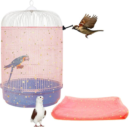 Bird Cage Seed Catcher, 45-90'' Adjustable Bird Cage Cover, Universal Nylon Bird Cage Mesh Net, Bird Cage Skirt Guard Accessories for Parrot Parakeet Macaw Round Square Cage (Pink)