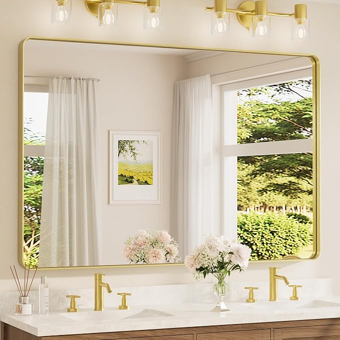 TETOTE 60 x 40 Inch Brushed Gold Frame Mirror, Brass Bathroom Vanity Mirror