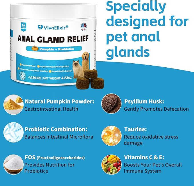 Cat Constipation Relief - Chewable Tablets - with Pumpkin, Psyllium Husk, Prebiotics & Probiotics - Supports Gut Hydration, Bowel Regularity & Immune Health - 120 Tablets