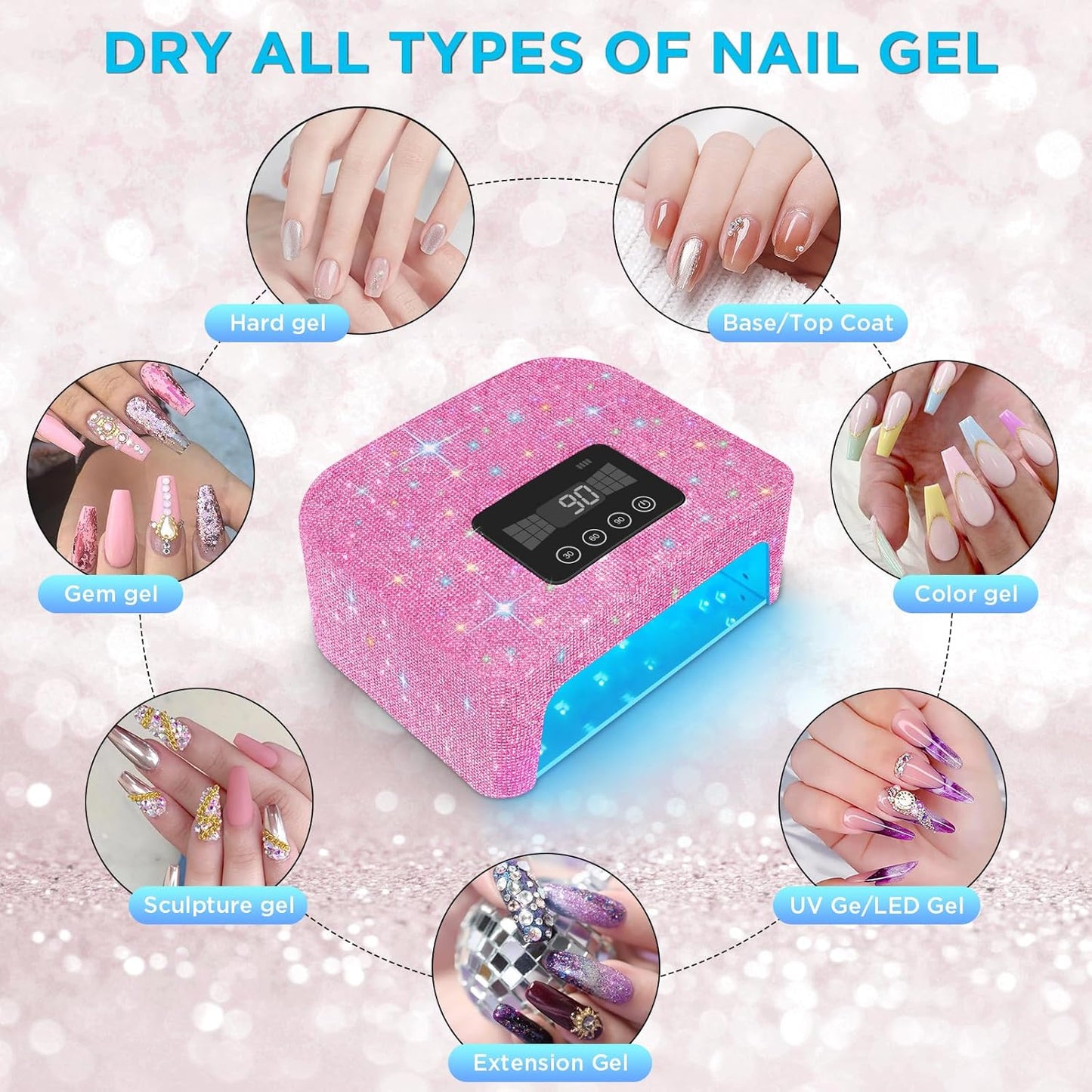 Cordless UV Nail Lamp, Rechargeable UV Light for Gel Nails, LED Nail Lamp with 4 Timer Modes, Gel Nail UV Light Decorate with Sparkling Nail Rhinestones