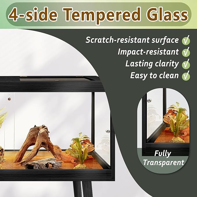Prolee Tempered Glass Reptile Enclosure with Leg,40“ Scratch-Proof Bearded Dragon Tank,62 Gallon Lizard Tank with Metal Mesh Tops and Lockable Door,Spacious Reptile Habitat for Snake,Lizard (Black)