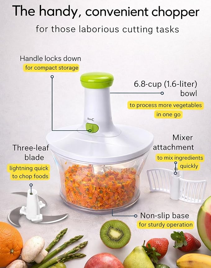 Brieftons Express Manual Food Chopper: 6.8-Cup, Hand Chopper Vegetable Cutter to Chop Veggies, Fruits, Herbs, Garlic Onion Chopper for Salsa, Salad, Pesto, Hummus, Guacamole, Coleslaw, Indian Cooking