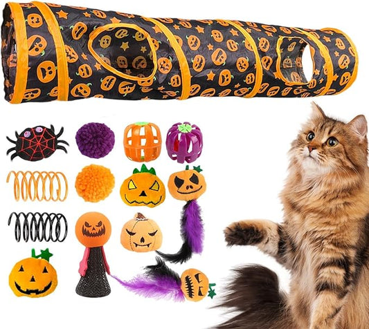 Interactive Cat Play Tunnels - Halloween Peekaboo Cat Cave with Toys, Cats Engaging Activity Center | Interactive Toy & Activity Center for Indoor Cats, Kittens, Small Animals, Playing & Stimulation