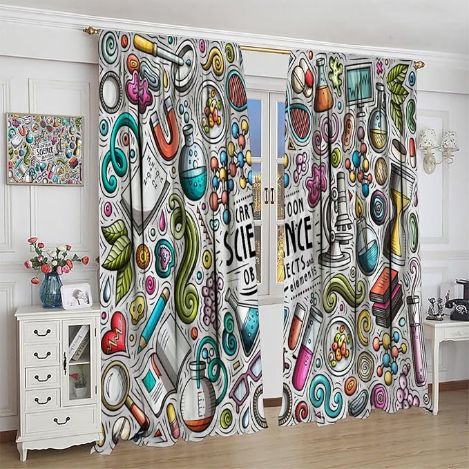 Science Symbols Kids Curtain Sketches Cartoon Chemistry Physics Geometry Education Pattern Print Window Drapes for Bedroom Living Room Kitchen Decor,2 Panel Set,42x45 Inch Decor