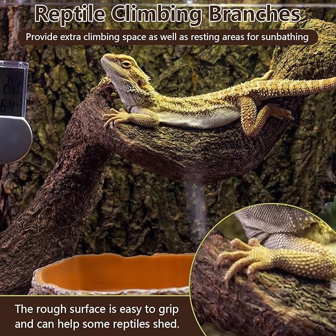 BNOSDM 3PCS Natural Reptile Climbing Branches Decor,1.2-1.8" Thick Natural Snake Climbing Forest Wood with Plant Leaf Decor,Lizard Forest Branch,Geckos Tank Tree Trunk Accessories for Bearded Dragons